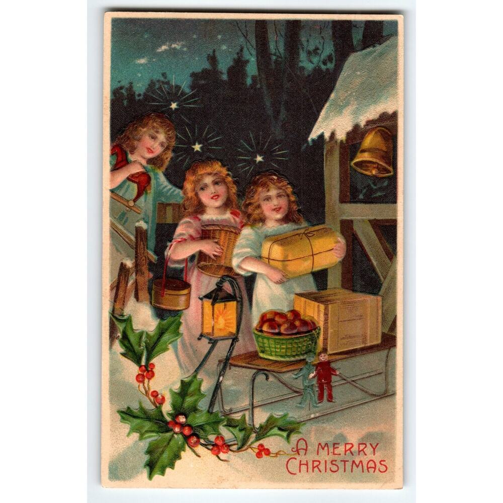 Vintage Embossed Christmas Postcard Angels & Sled, Printed in Germany BW 296